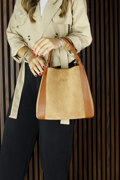 Erkan Saçmacı Taba Hakiki Dana Süet Manyetik Kapaklı Büyük Boy Günlük Omuz Çantası ve Askılı El Çantası - Resim 4