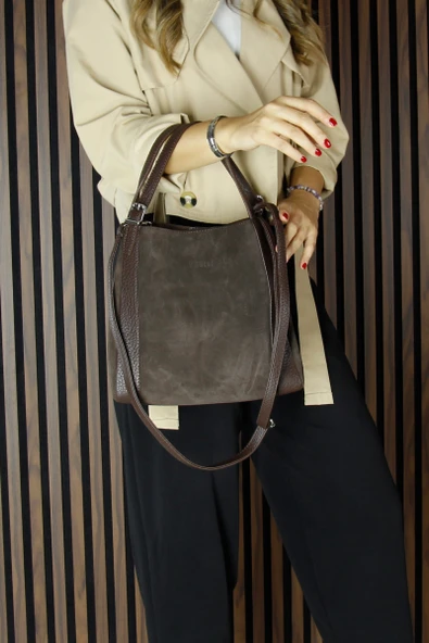 Erkan Saçmacı Kahve Hakiki Dana Süet Manyetik Kapaklı Büyük Boy Günlük Omuz Çantası ve Askılı El Çantası - 5