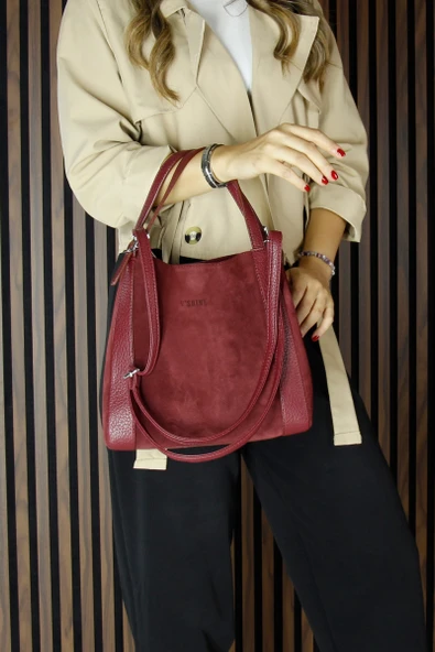 Erkan Saçmacı Bordo Hakiki Dana Süet Manyetik Kapaklı Büyük Boy Günlük Omuz Çantası ve Askılı El Çantası - 5