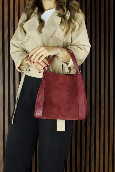 Erkan Saçmacı Bordo Hakiki Dana Süet Manyetik Kapaklı Büyük Boy Günlük Omuz Çantası ve Askılı El Çantası - 4