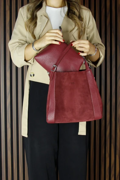 Erkan Saçmacı Bordo Hakiki Dana Süet Manyetik Kapaklı Büyük Boy Günlük Omuz Çantası ve Askılı El Çantası - 3