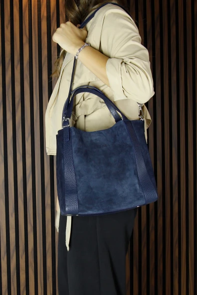 Erkan Saçmacı Lacivert Hakiki Dana Süet Manyetik Kapaklı Büyük Boy Günlük Omuz Çantası ve Askılı El Çantası - 6