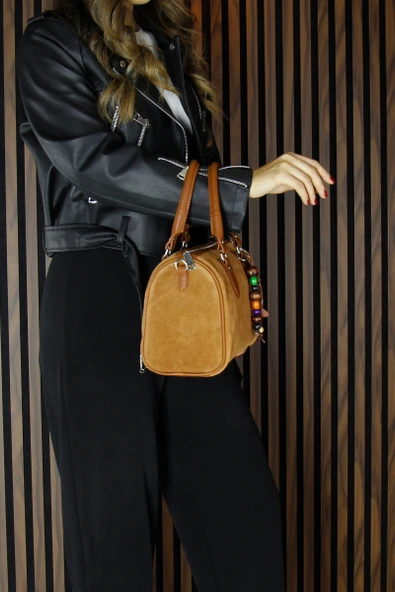 Erkan Saçmacı Taba Hakiki Dana Süet Fermuarlı İç Cepli Askılı Boncuk Aksesuarlı Günlük Büyük Boy Omuz Çantası - Resim 5