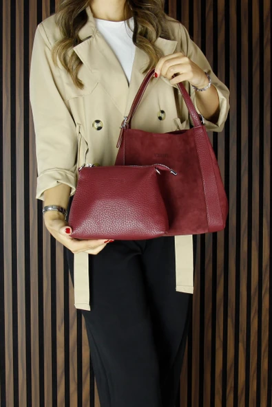 Erkan Saçmacı Bordo Hakiki Dana Süet Manyetik Kapaklı Büyük Boy Günlük Omuz Çantası ve Askılı El Çantası