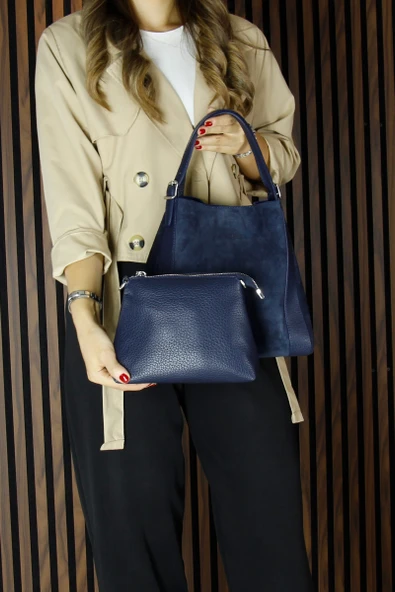 Erkan Saçmacı Lacivert Hakiki Dana Süet Manyetik Kapaklı Büyük Boy Günlük Omuz Çantası ve Askılı El Çantası