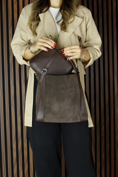 Erkan Saçmacı Kahve Hakiki Dana Süet Manyetik Kapaklı Büyük Boy Günlük Omuz Çantası ve Askılı El Çantası - 3