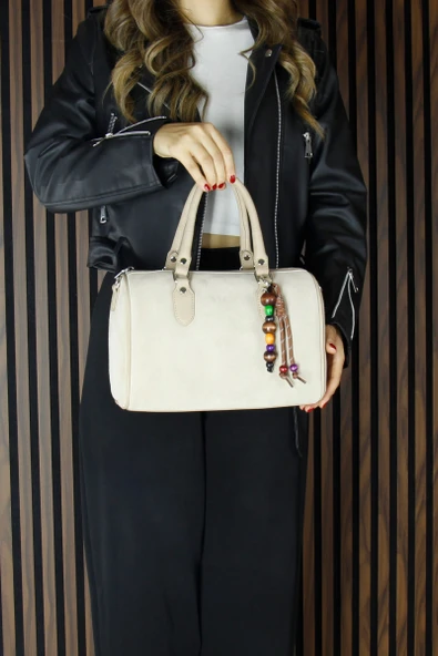 Erkan Saçmacı Bej Hakiki Dana Süet Fermuarlı İç Cepli Askılı Boncuk Aksesuarlı Günlük Büyük Boy Omuz Çantası - 4