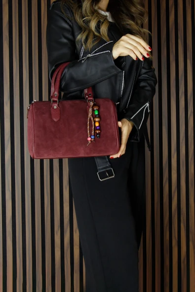Erkan Saçmacı Bordo Hakiki Dana Süet Fermuarlı İç Cepli Askılı Boncuk Aksesuarlı Günlük Büyük Boy Omuz Çantası - Resim 2