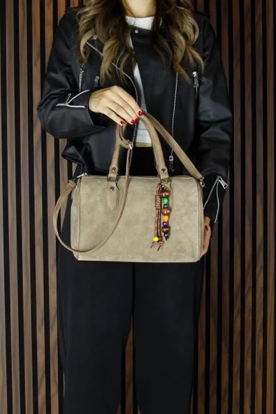 Erkan Saçmacı Vizon Hakiki Dana Süet Fermuarlı İç Cepli Askılı Boncuk Aksesuarlı Günlük Büyük Boy Omuz Çantası - 4