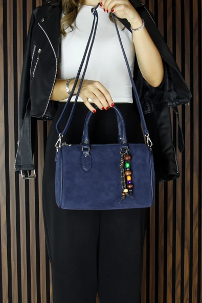 Erkan Saçmacı Lacivert Hakiki Dana Süet Fermuarlı İç Cepli Askılı Boncuk Aksesuarlı Günlük Büyük Boy Omuz Çantası - 6