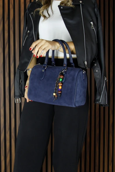 Erkan Saçmacı Lacivert Hakiki Dana Süet Fermuarlı İç Cepli Askılı Boncuk Aksesuarlı Günlük Büyük Boy Omuz Çantası - 3