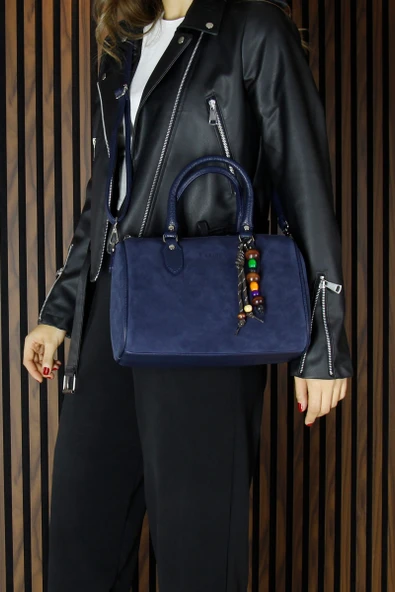 Erkan Saçmacı Lacivert Hakiki Dana Süet Fermuarlı İç Cepli Askılı Boncuk Aksesuarlı Günlük Büyük Boy Omuz Çantası