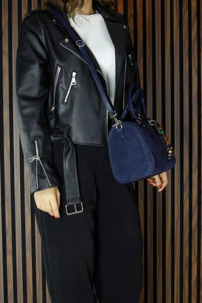 Erkan Saçmacı Lacivert Hakiki Dana Süet Fermuarlı İç Cepli Askılı Boncuk Aksesuarlı Günlük Büyük Boy Omuz Çantası - 5