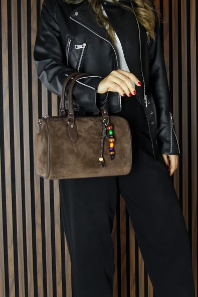 Erkan Saçmacı Kahve Hakiki Dana Süet Fermuarlı İç Cepli Askılı Boncuk Aksesuarlı Günlük Büyük Boy Omuz Çantası - 3