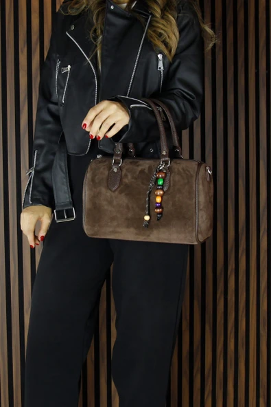 Erkan Saçmacı Kahve Hakiki Dana Süet Fermuarlı İç Cepli Askılı Boncuk Aksesuarlı Günlük Büyük Boy Omuz Çantası - 2
