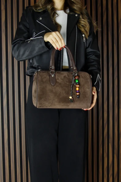 Erkan Saçmacı Kahve Hakiki Dana Süet Fermuarlı İç Cepli Askılı Boncuk Aksesuarlı Günlük Büyük Boy Omuz Çantası - 4