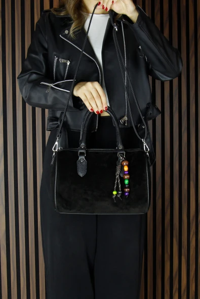 Erkan Saçmacı Siyah Hakiki Dana Süet Fermuarlı İç Cepli Askılı Boncuk Aksesuarlı Günlük Büyük Boy Omuz Çantası - 6