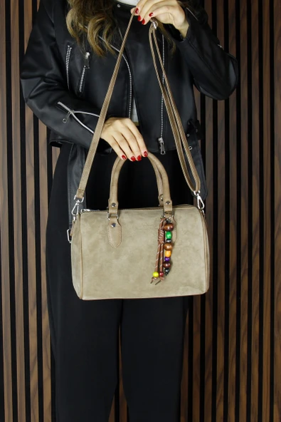 Erkan Saçmacı Vizon Hakiki Dana Süet Fermuarlı İç Cepli Askılı Boncuk Aksesuarlı Günlük Büyük Boy Omuz Çantası - 6