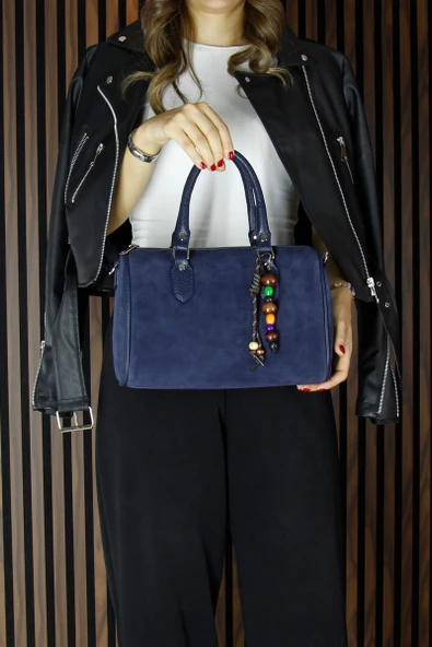 Erkan Saçmacı Lacivert Hakiki Dana Süet Fermuarlı İç Cepli Askılı Boncuk Aksesuarlı Günlük Büyük Boy Omuz Çantası - 4