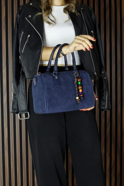 Erkan Saçmacı Lacivert Hakiki Dana Süet Fermuarlı İç Cepli Askılı Boncuk Aksesuarlı Günlük Büyük Boy Omuz Çantası - 2