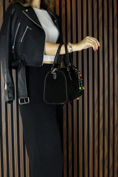 Erkan Saçmacı Siyah Hakiki Dana Süet Fermuarlı İç Cepli Askılı Boncuk Aksesuarlı Günlük Büyük Boy Omuz Çantası - 5