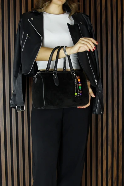 Erkan Saçmacı Siyah Hakiki Dana Süet Fermuarlı İç Cepli Askılı Boncuk Aksesuarlı Günlük Büyük Boy Omuz Çantası - 2