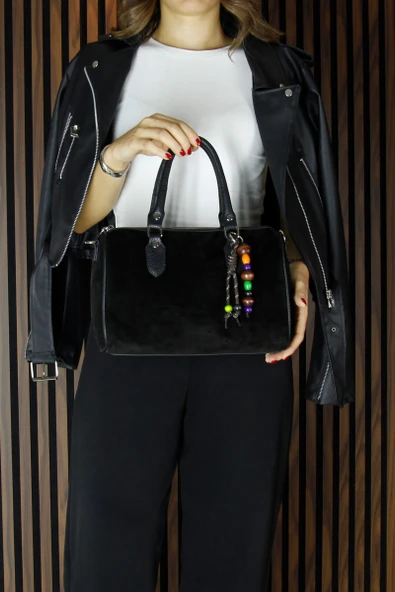 Erkan Saçmacı Siyah Hakiki Dana Süet Fermuarlı İç Cepli Askılı Boncuk Aksesuarlı Günlük Büyük Boy Omuz Çantası - 4