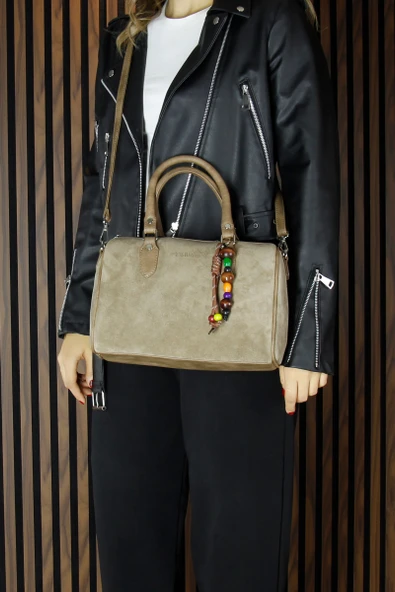 Erkan Saçmacı Vizon Hakiki Dana Süet Fermuarlı İç Cepli Askılı Boncuk Aksesuarlı Günlük Büyük Boy Omuz Çantası