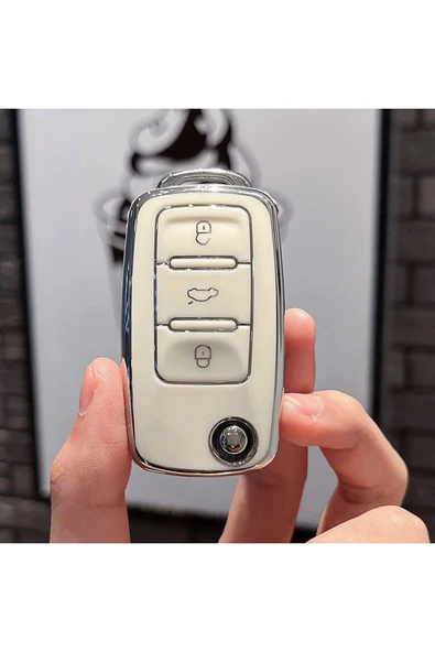 YıldızTuning Seat Leon Mk2 Parlak Sustalı Anahtar Kılıfı Kalite Beyaz Gümüş - Resim 2