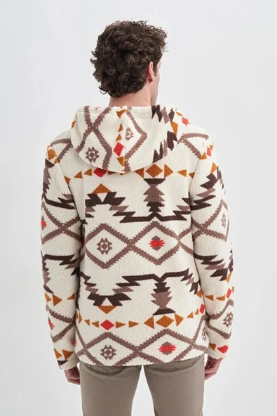 Cazador Vintage Desenli Kürklü Regular Fit Kapüşonlu Sweat Hırka-50940 - 4