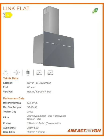 3364 Lınk Flat Gri Cam Duvar Tipi Davlumbaz 60 cm - 4