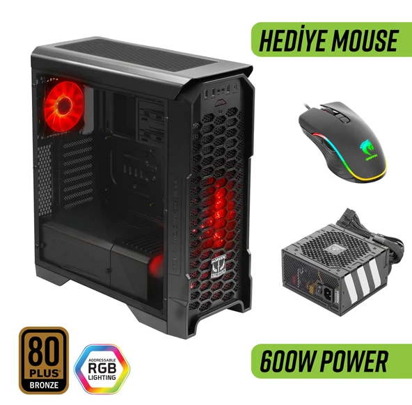 Green Striker Midtower Gaming Bilgisayar Kasası (3×120mm Fan, 6 Fan Desteği, Siyah) – 600W 80+ Bronze PSU Dahil
