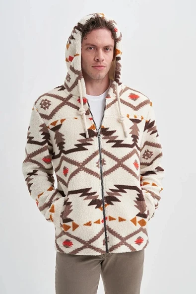 Cazador Vintage Desenli Kürklü Regular Fit Kapüşonlu Sweat Hırka-50940 - 3