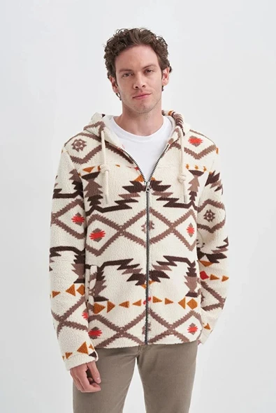 Cazador Vintage Desenli Kürklü Regular Fit Kapüşonlu Sweat Hırka-50940 - 2