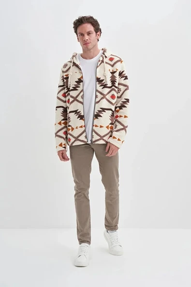 Cazador Vintage Desenli Kürklü Regular Fit Kapüşonlu Sweat Hırka-50940