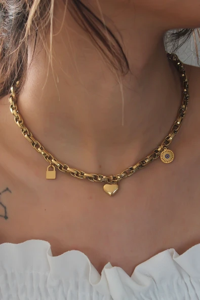 Çelik Gold Renk Kalın Zincir Model Kalp Figür Kadın Kolye - TJ-BKO6898 - 1