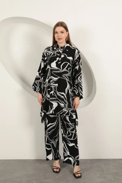 Viskon Desenli Kadın Takım-Siyah ürün görseli