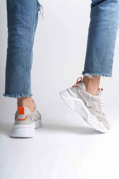 TOKYO Bağcıklı Ortopedik Taban Triko Detaylı Kadın Spor Ayakkabı  TBT - Gri/Turuncu - 3