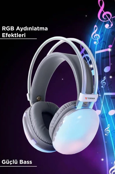 Torima HD-40 Beyaz Kablosuz RGB Işıklı Kulak Üstü Bluetooth Kulaklık - Resim 3