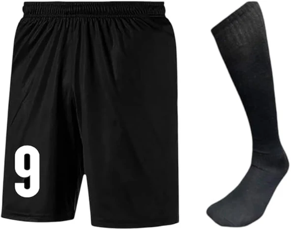 Erkek Siyah Futbol Şortu ve Çorabı Seti - Numara Baskılı Spor Kombin (9 Numara) - 2