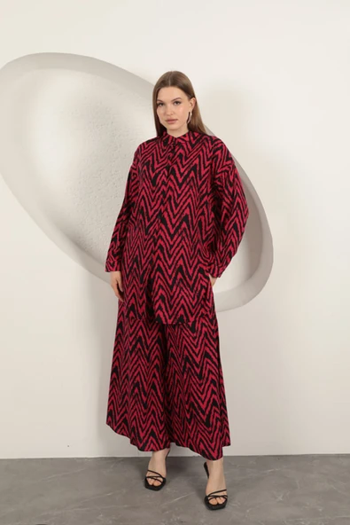 Viskon Kumaş Çizgili Kadın Takım-Fuşya ürün görseli