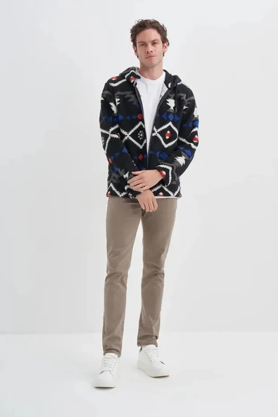 Cazador Vintage Desenli Kürklü Regular Fit Kapüşonlu Sweat Hırka-50940 - 5