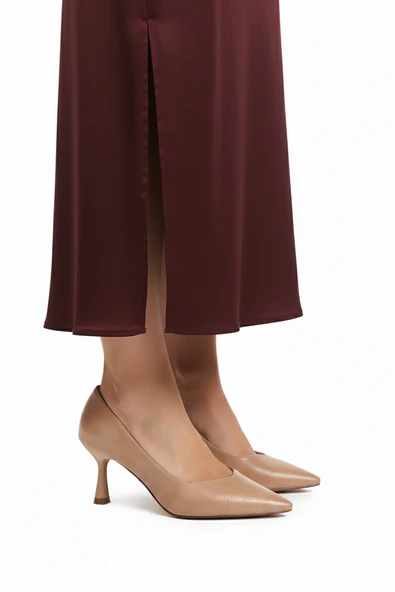 Aspor Bej Kırışık Kadın Topuklu Ayakkabı