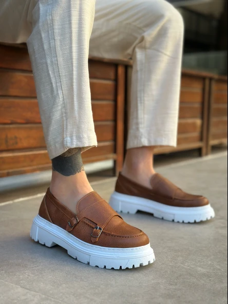 Pabucmarketi Bağcıksız Çift Tokalı Erkek Casual Ayakkabı TABA (BEYAZ TABAN) - Resim 3