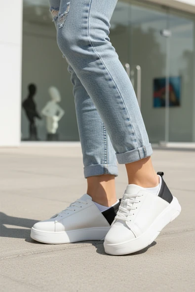 Minalya Beyaz Siyah Bağcıklı Unisex Spor Ayakkabı - Resim 3