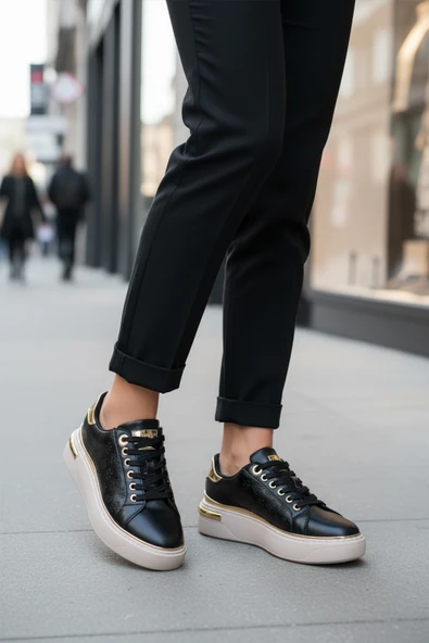 Aspor Siyah Bağcıklı Kadın Sneaker - Resim 3