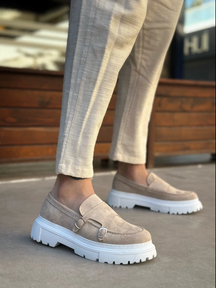 ET0242 Tokalı Klasik Yüksek Taban Krem Süet Erkek Ayakkabı - Resim 2