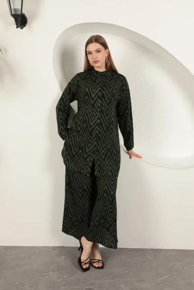 Viskon Kumaş Çizgili Kadın Takım-Haki ürün görseli