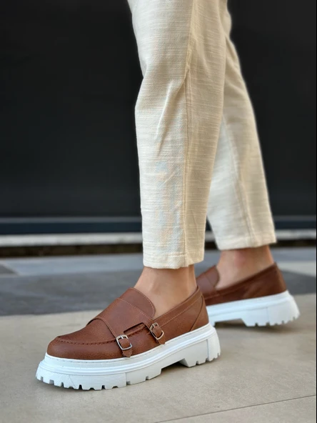 Pabucmarketi Bağcıksız Çift Tokalı Erkek Casual Ayakkabı TABA (BEYAZ TABAN) - Resim 2