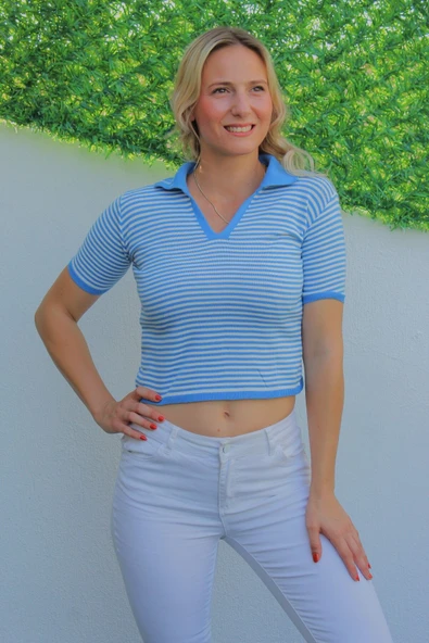 Polo Yaka Çizgili Tişört Mavi - 140.055 ürün görseli